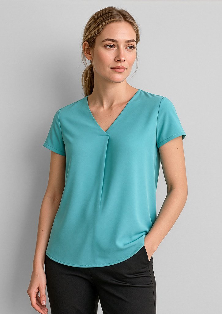 RB967LS_Talent_Aqua_01 RB967LS - Womens Kayla V-Neck Pleat Blouse