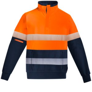 ZT150_Product_Orange_Navy_01 ZT150 - Mens Orange Flame Hi Vis 1/4 Zip Pullover - Hoop Taped