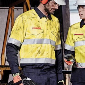 ZW140 - Mens Orange Flame Hi Vis Open Front Spliced Shirt - Hoop Taped