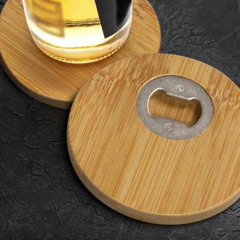 125550 - Bamboo Bottle Opener Coaster Set of 2 - Round